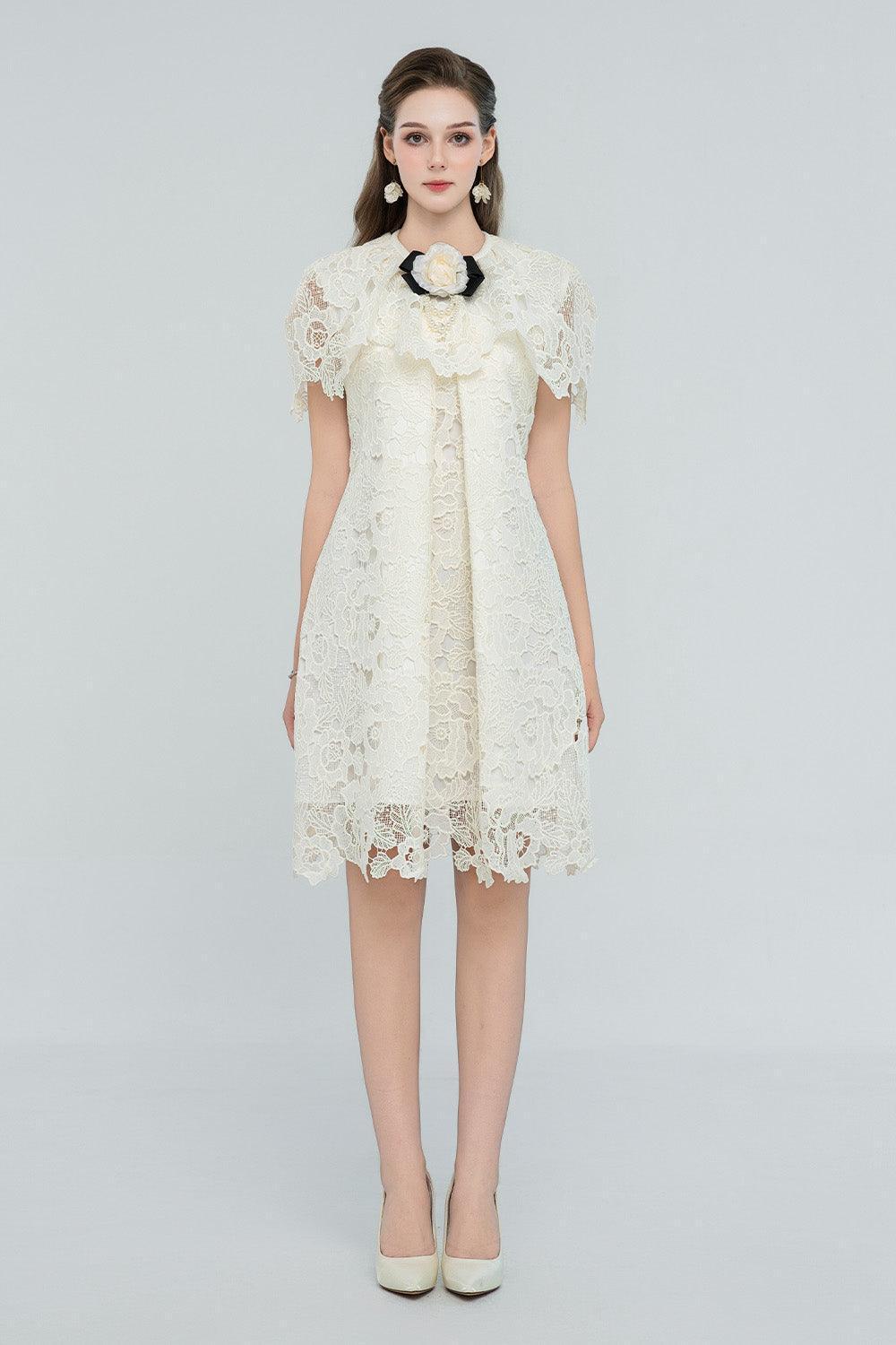mini dress draped collar Women's Nataly A-line Draped Lace Mini Dress S/M/L/Customize Ivory White MEAN BLVD Ivory White / M