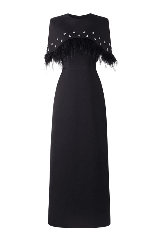 Navy Sheath Cape Shoulder Taffeta Midi Dress - MEAN BLVD