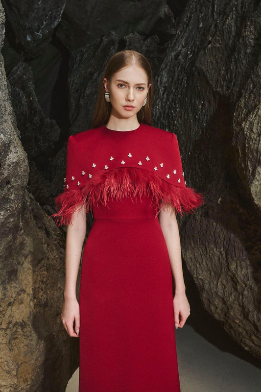 Navy Sheath Cape Shoulder Taffeta Midi Dress - MEAN BLVD