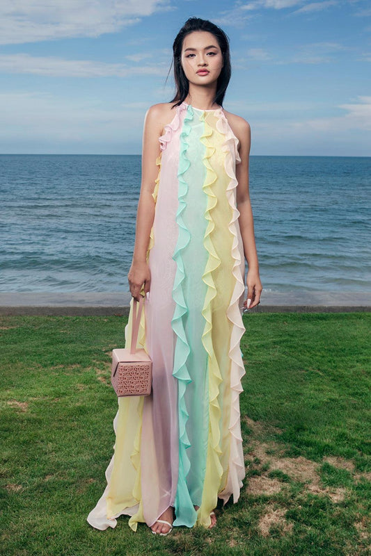 Noemi Straight Ruffle Trim Organza Voile Floor Length Dress - MEAN BLVD