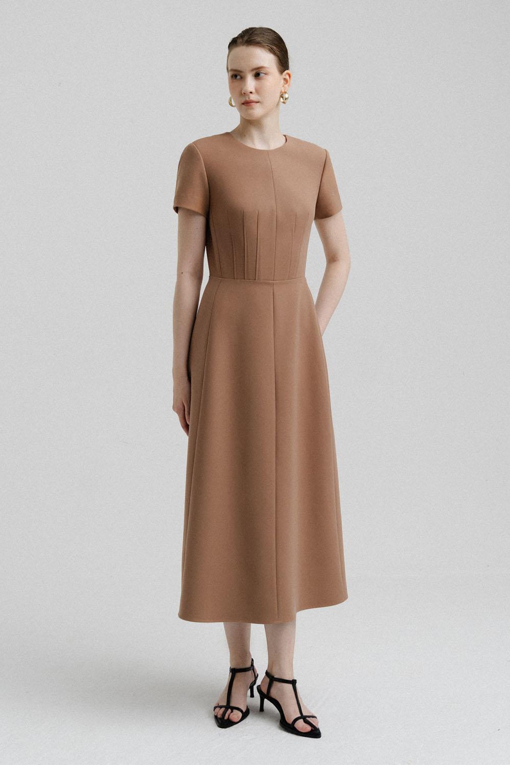Women's Nola A-line Round Neck Polycotton Midi Dress S/M/L/Customize  Beige/Light Brown MEAN BLVD