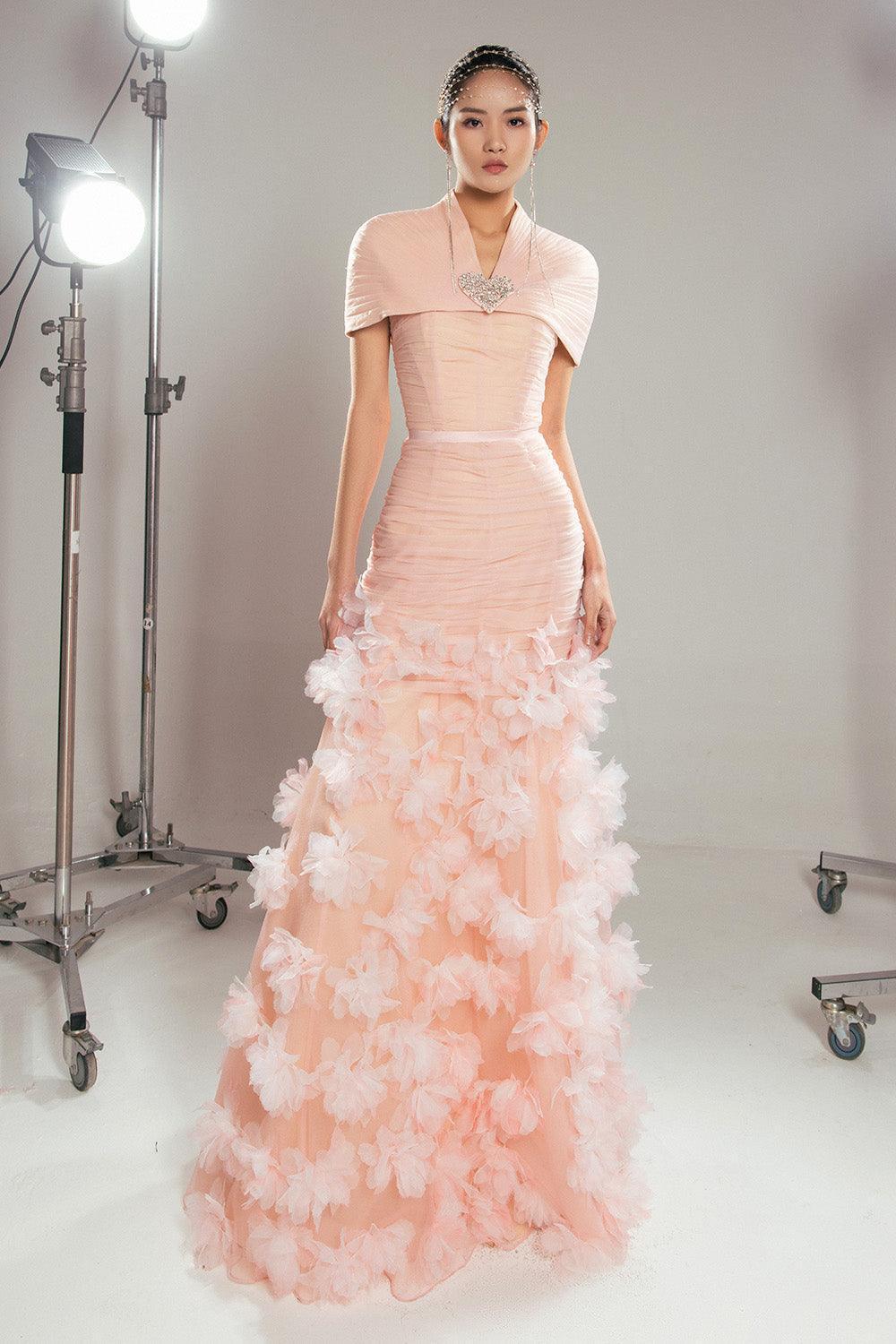 Women's Olson Mermaid Cape Shoulder Organza Floor Length Dress XS/S/M/L/XL Pink MEAN BLVD Pink / XS
