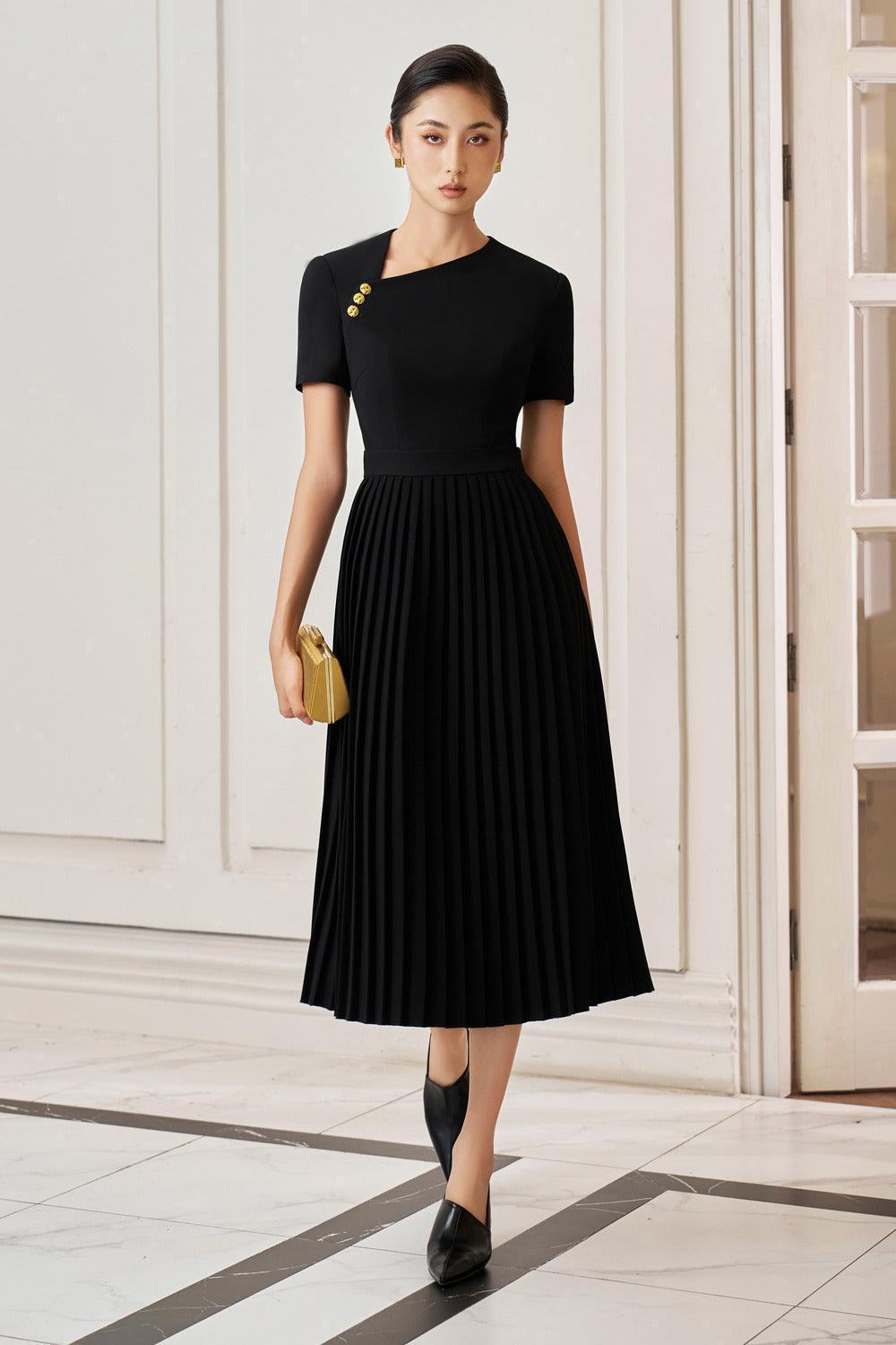 Women's Opal Pleated Asymmetric Neck Gabardine Midi Dress S/M/L/XL/Customize Black MEAN BLVD Black / M Women's Opal Pleated Asymmetric Neck Gabardine Midi Dress S/M/L/XL/Customize Black MEAN BLVD Black / M
