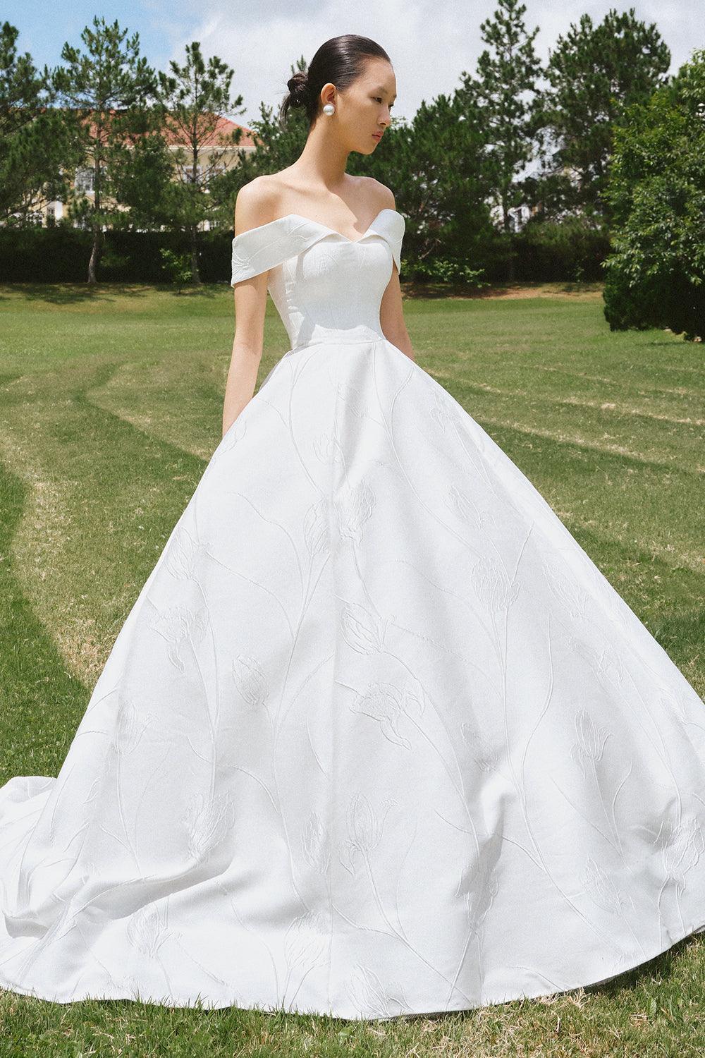 Women's Priscilla Ball Gown Off-Shoulder Brocade Floor Length Dress S/M/L Off White MEAN BLVD Off White / S Women's Priscilla Ball Gown Off-Shoulder Brocade Floor Length Dress S/M/L Off White MEAN BLVD Off White / S