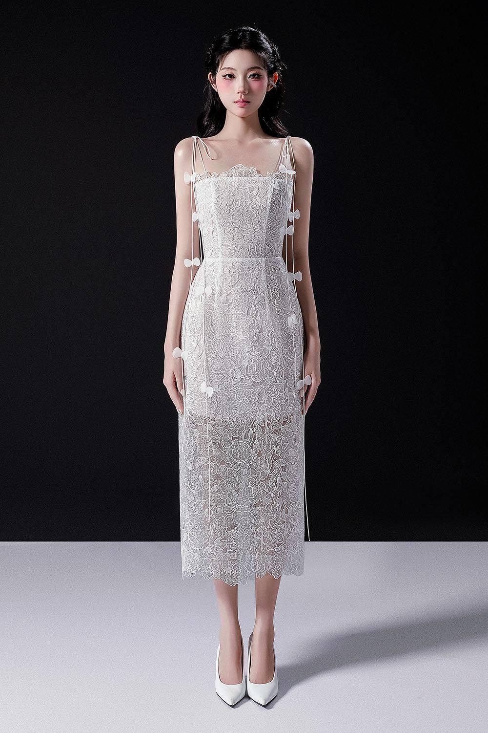 Women's Rishima Sheath Spaghetti Strap Lace Midi Dress XS/S/M/L/Customize Pearl White MEAN BLVD Pearl White / L Women's Rishima Sheath Spaghetti Strap Lace Midi Dress XS/S/M/L/Customize Pearl White MEAN BLVD Pearl White / L