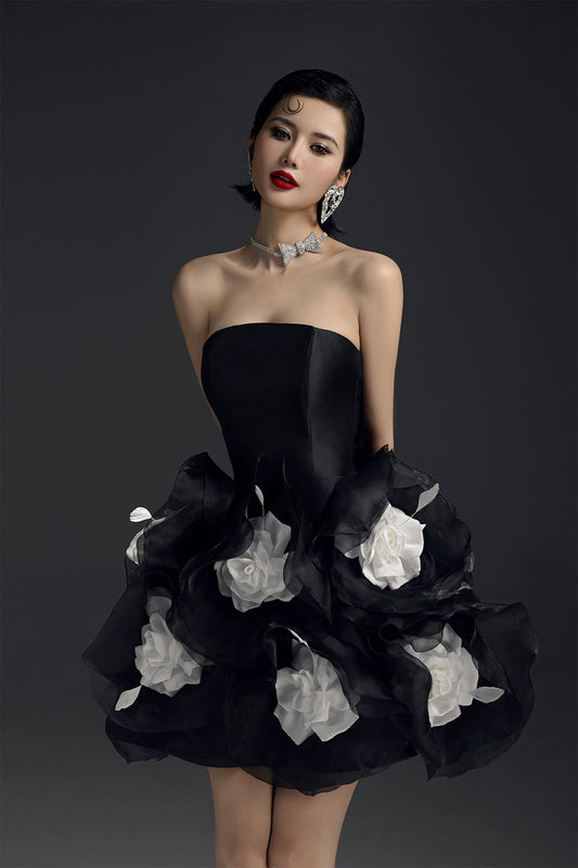 Royal Rhapsody Puffy Straight Across Neck Mesh Taffeta Mini Dress