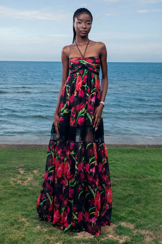 Rosalind Flared Halter Neck Organza Voile Floor Length Dress - MEAN BLVD