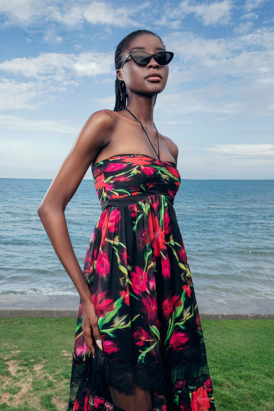 Rosalind Flared Halter Neck Organza Voile Floor Length Dress - MEAN BLVD