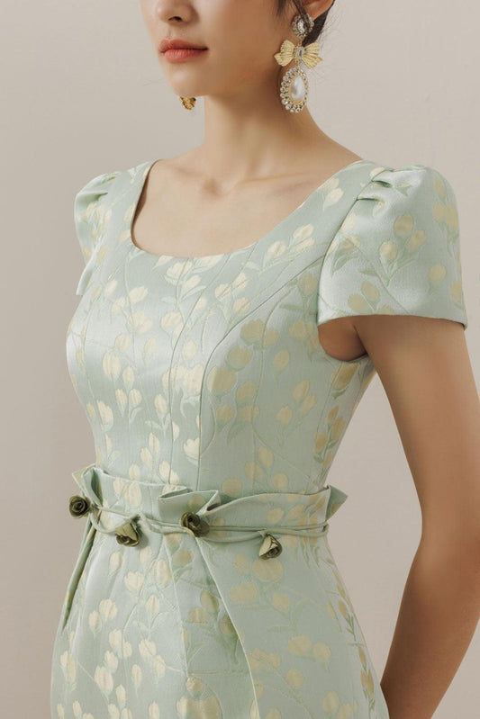 Rosalind Pegged Square Neck Brocade Midi Dress - MEAN BLVD