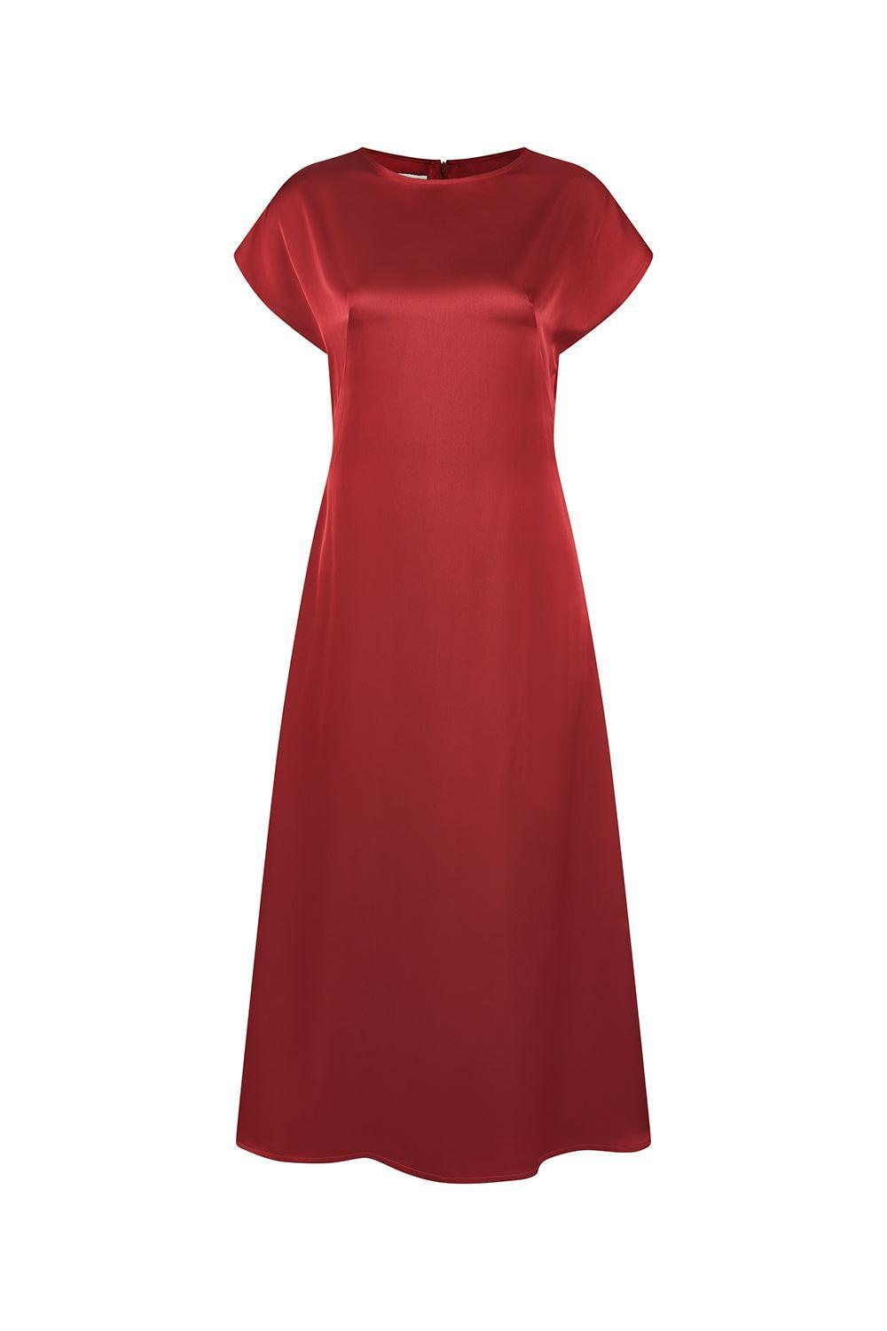 Women's Rose A-line Round Neck Poly Silk Calf Length Dress XS/S/M/L/XL/Customize Red MEAN BLVD Red / XL