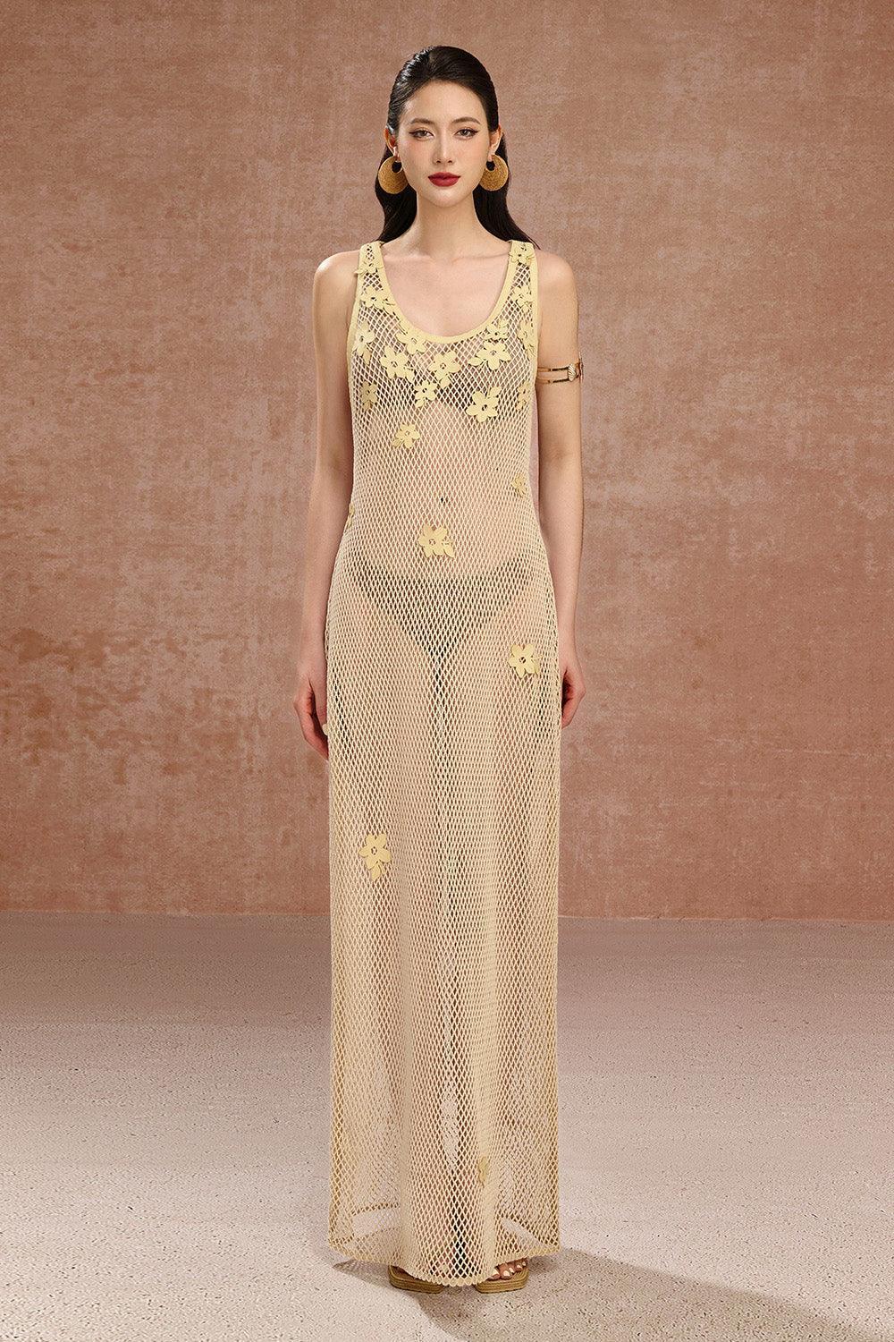 green emerald velvet dress Women's Rose A-Line Scoop Neck Mesh Maxi Dress XS/S/M/L/XL Beige Mean Blvd Beige / M