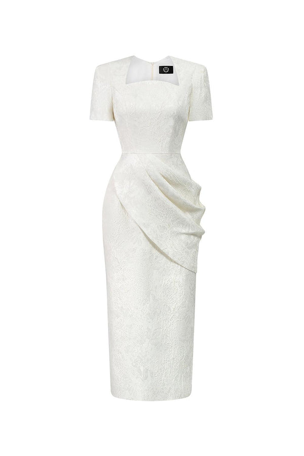 Rose Sheath Queen Anne Neck Jacquard Midi Dress - MEAN BLVD