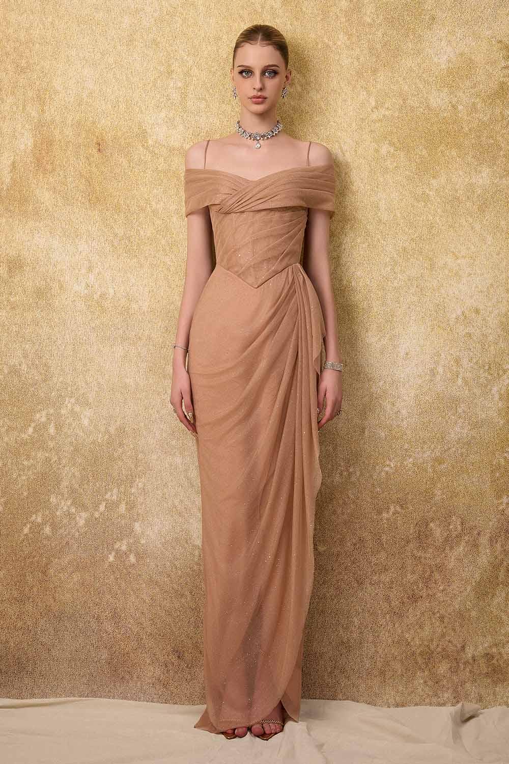 Women's Royau Sarong Cold Shoulder Sleeved Mesh Sequin Floor Length Dress S/M/L/Customize Brown MEAN BLVD Brown / L