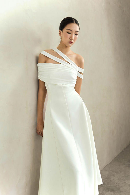 Saffira Asymmetric Off-Shoulder Spandex Ankle Length Dress - MEAN BLVD