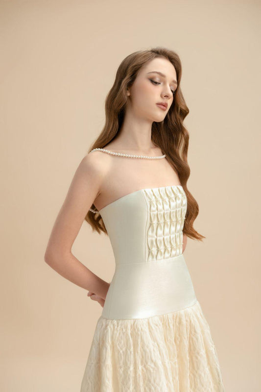 Saffron Drop Waist Straight Across Neck Lace Midi Dress - MEAN BLVD