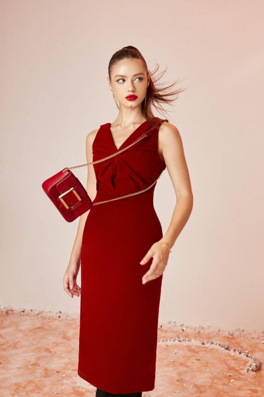 Scarlet Sheath V-Neck Velvet Midi Dress - MEAN BLVD