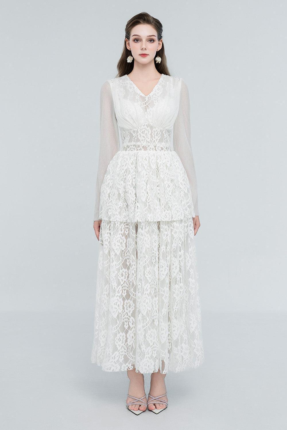 Women's Selene Peplum V-Neck Lace Maxi Dress S/M/L/Customize White MEAN BLVD White / M Women's Selene Peplum V-Neck Lace Maxi Dress S/M/L/Customize White MEAN BLVD White / M