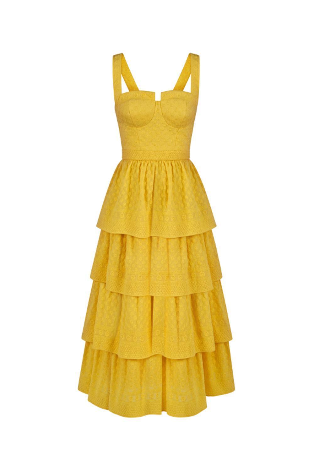 Women's Seorita Layered Semi-Heart Neck Cotton Midi Dress S/M/L/XL Yellow Floral MEAN BLVD M / Yellow / Floral Women's Seorita Layered Semi-Heart Neck Cotton Midi Dress S/M/L/XL Yellow Floral MEAN BLVD M / Yellow / Floral