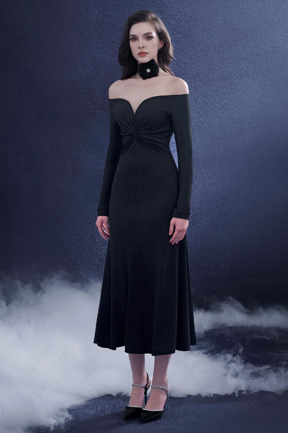 knee length dresses for ladies Off-Shoulder Lace-Up A-Line Midaxi Dress in Black - Xs main image 1