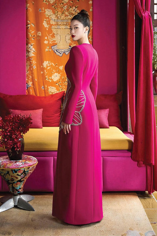 Shimmer A-line Round Neck Velvet Satin Maxi Dress - MEAN BLVD