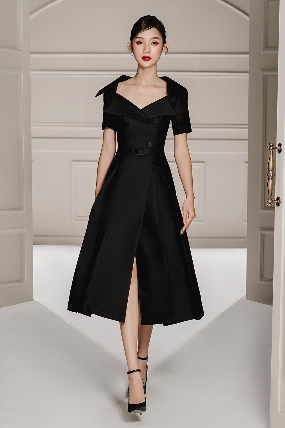 Women's Sky Fit and Flare Queen Anne Neck Taffeta Midi Dress S/M/L/Customize Black MEAN BLVD L / Black Women's Sky Fit and Flare Queen Anne Neck Taffeta Midi Dress S/M/L/Customize Black MEAN BLVD L / Black