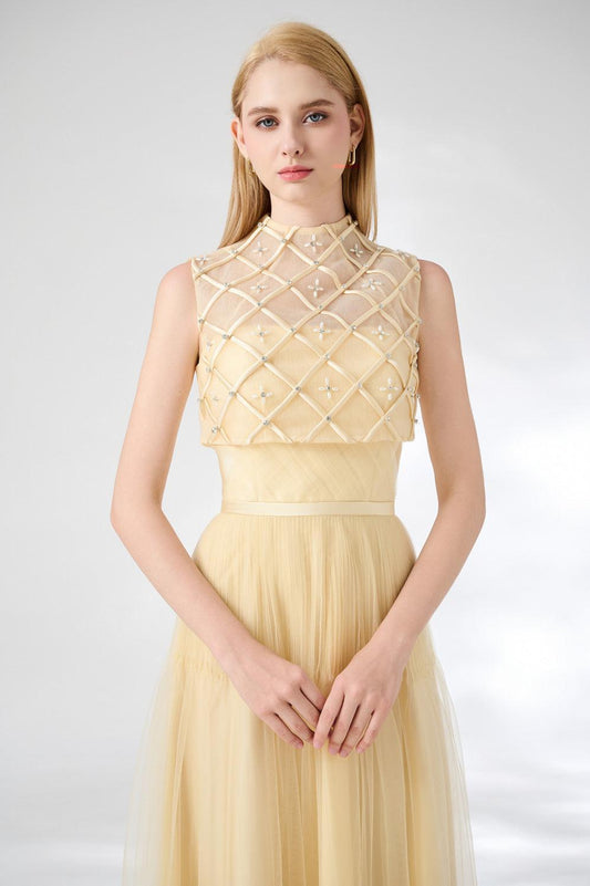 Spencer A-line High Neck Mesh Silk Midi Dress - MEAN BLVD