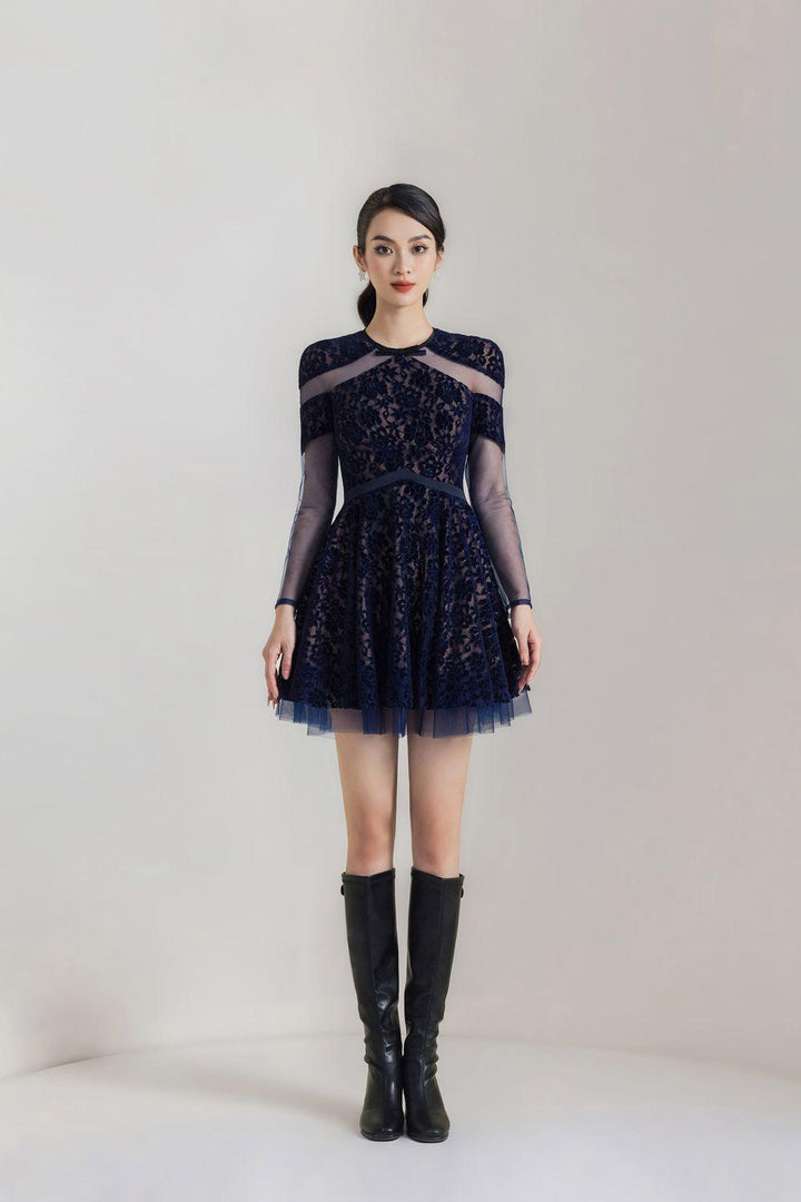 Sybil A-line Round Neck Velvet Mini Dress - MEAN BLVD