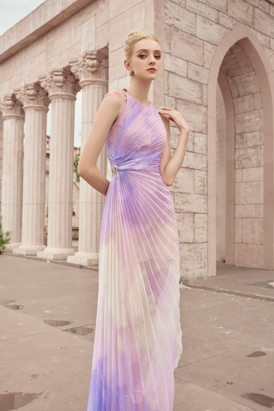 Thalia Pleated Halter Neck Organza Ankle Length Dress - MEAN BLVD