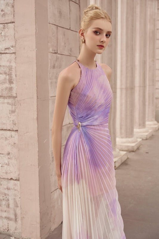 Thalia Pleated Halter Neck Organza Ankle Length Dress - MEAN BLVD