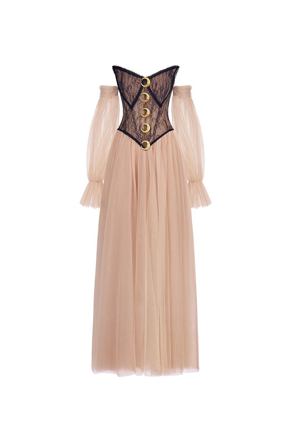 moon mesh dress Women's The Moon Ball Gown Corset Waist Mesh Lace Floor Length Dress XS/XS/S/M/L/XL/Customize Brown MEAN BLVD Brown / XS