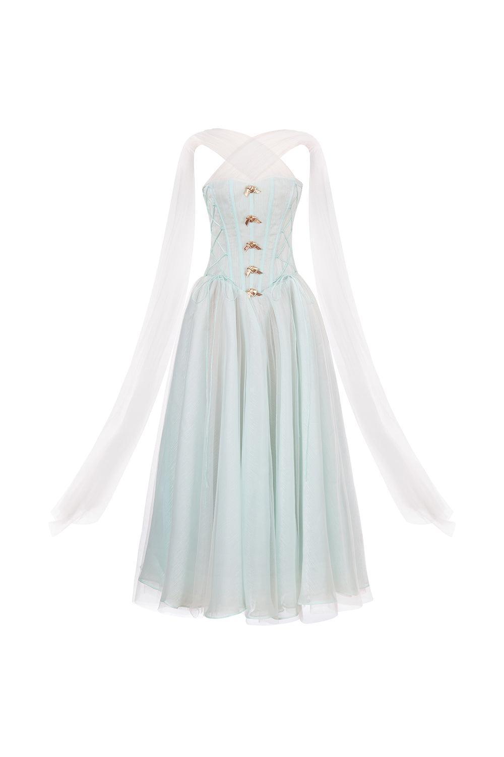 Women's The Ocean Fit and Flare Corset Waist Chiffon Midi Dress XS/XS/S/M/L/XL/Customize Blue/Pink/Nude MEAN BLVD Blue / S Women's The Ocean Fit and Flare Corset Waist Chiffon Midi Dress XS/XS/S/M/L/XL/Customize Blue/Pink/Nude MEAN BLVD Blue / S