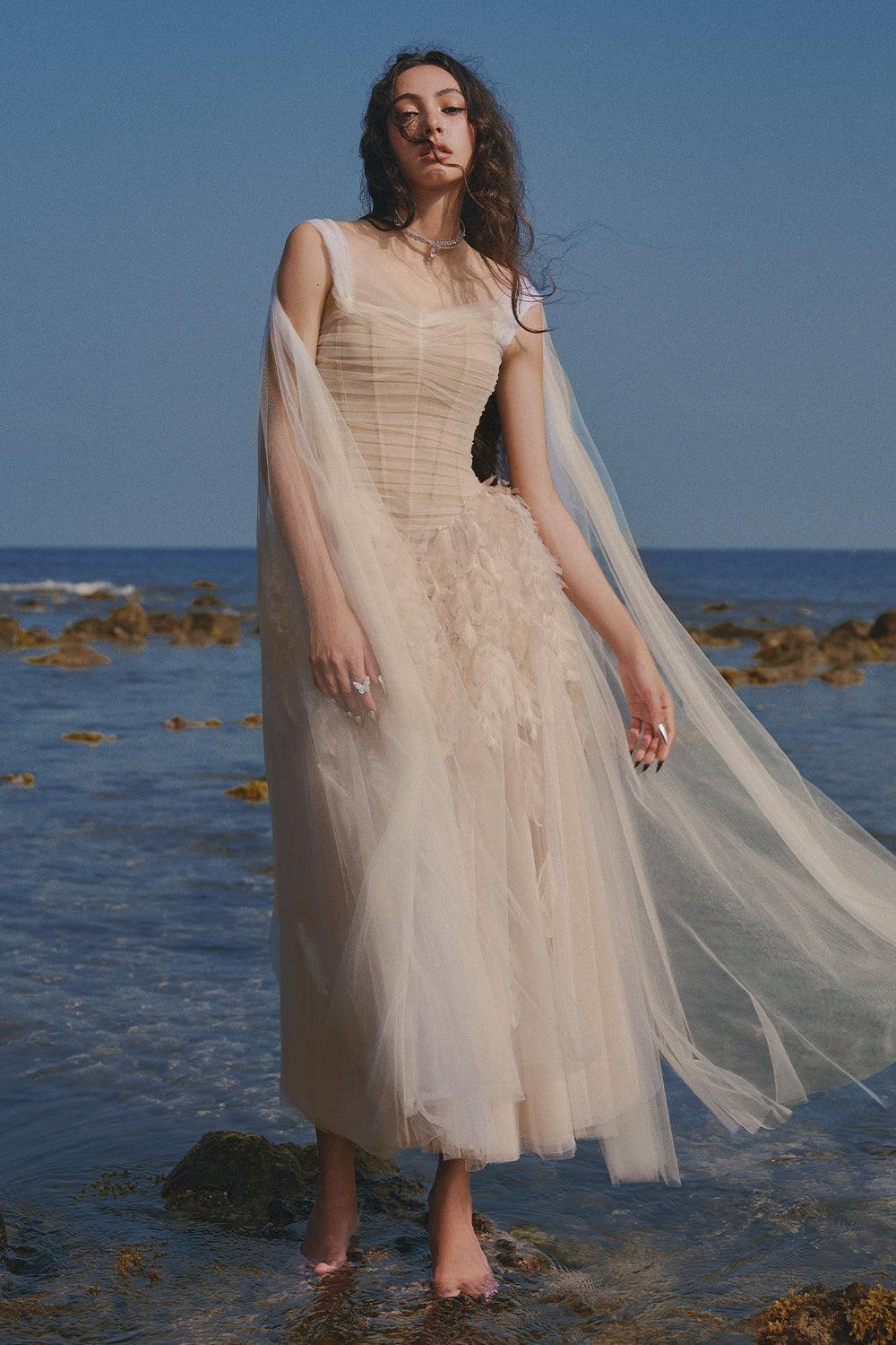 Women's The Swan Fit and Flare Corset Waist Mesh Midi Dress XS/XS/S/M/L/XL/Customize Nude MEAN BLVD Nude / XS Women's The Swan Fit and Flare Corset Waist Mesh Midi Dress XS/XS/S/M/L/XL/Customize Nude MEAN BLVD Nude / XS