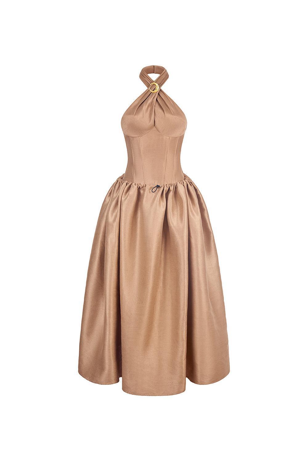 Women's The Wood Fit and Flare Crossover Neck Taffeta Ankle Length Dress XS/XS/S/M/L/XL/Customize Brown MEAN BLVD Brown / M Women's The Wood Fit and Flare Crossover Neck Taffeta Ankle Length Dress XS/XS/S/M/L/XL/Customize Brown MEAN BLVD Brown / M