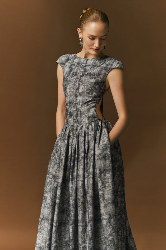 Daria Gathered Cap Sleeved Cotton Jacquard Ankle Length Dress