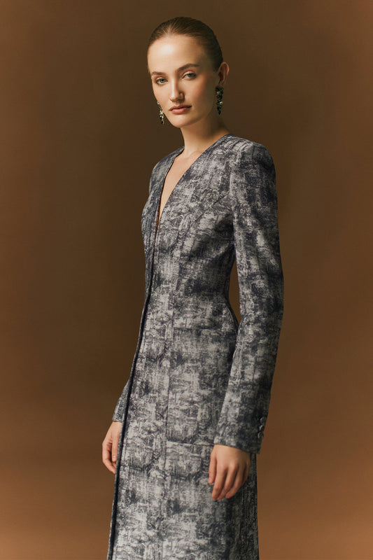 Dawn Sheath V-Neck Cotton Jacquard Knee-length Coat