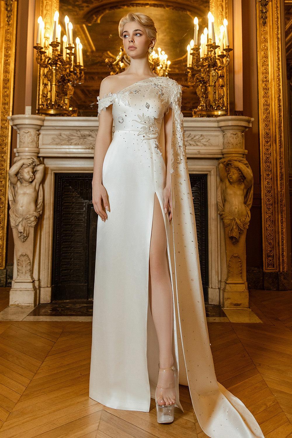 Women's Timeless Slit Diagonal Neck Taffeta Silk Floor Length Dress XS/S/M/L/XL/White/MEAN BLVD White / XS Women's Timeless Slit Diagonal Neck Taffeta Silk Floor Length Dress XS/S/M/L/XL/White/MEAN BLVD White / XS