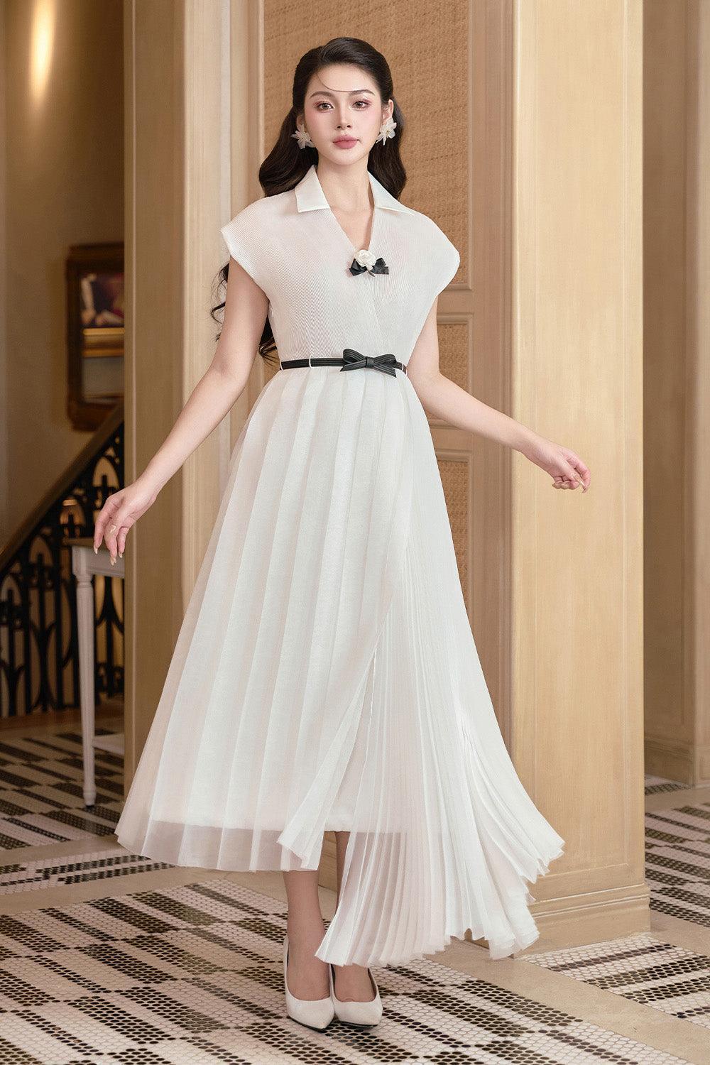 Women's Tina Asymmetric Pleated Foam Ankle Length Dress S/M/L/Customize White MEAN BLVD White / M