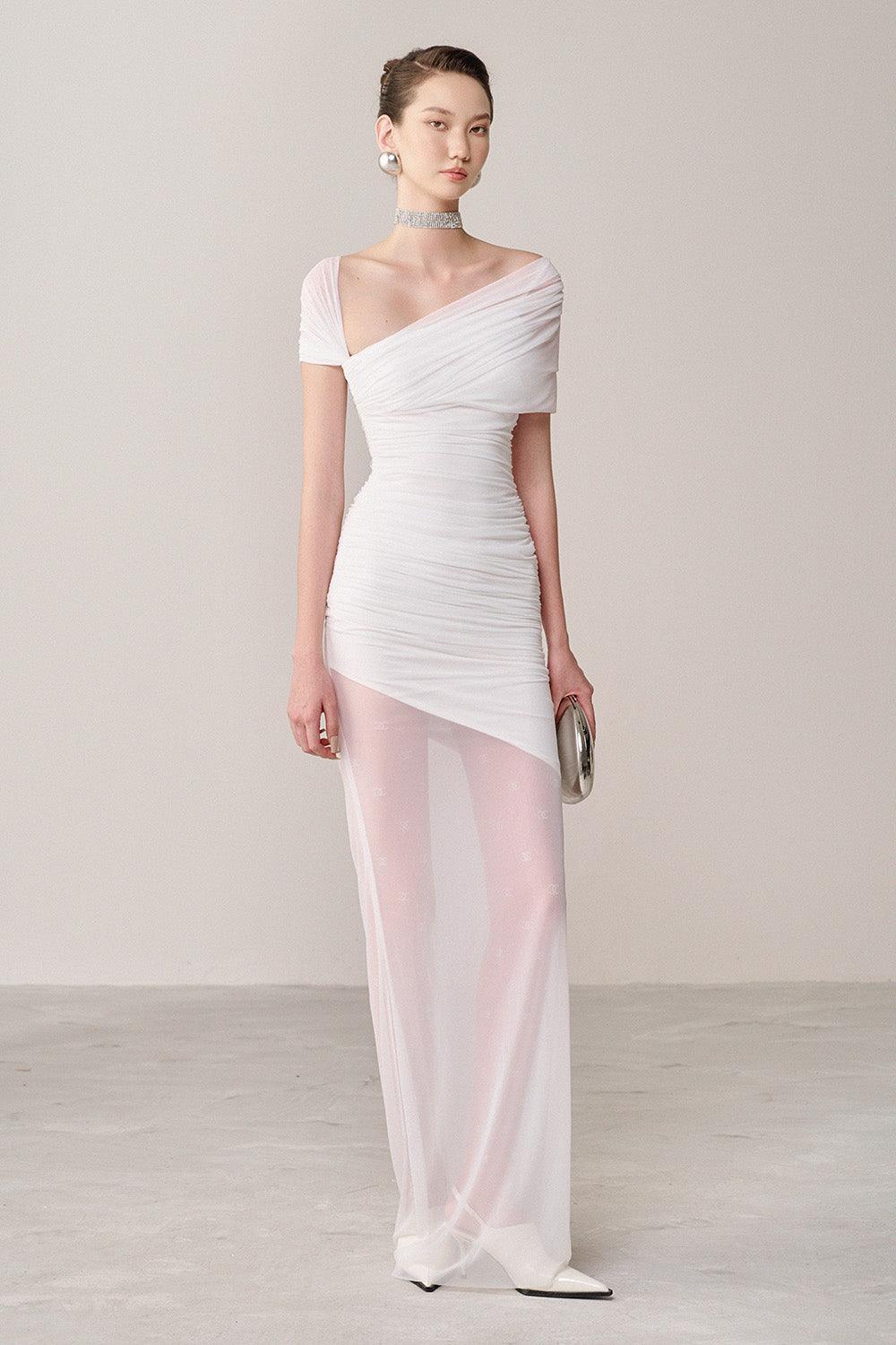 Women's Tolvin Gathered Diagonal Neck Organza Spandex Maxi Dress S/M/L/Customize White MEAN BLVD Women's Tolvin Gathered Diagonal Neck Organza Spandex Maxi Dress S/M/L/Customize White MEAN BLVD
