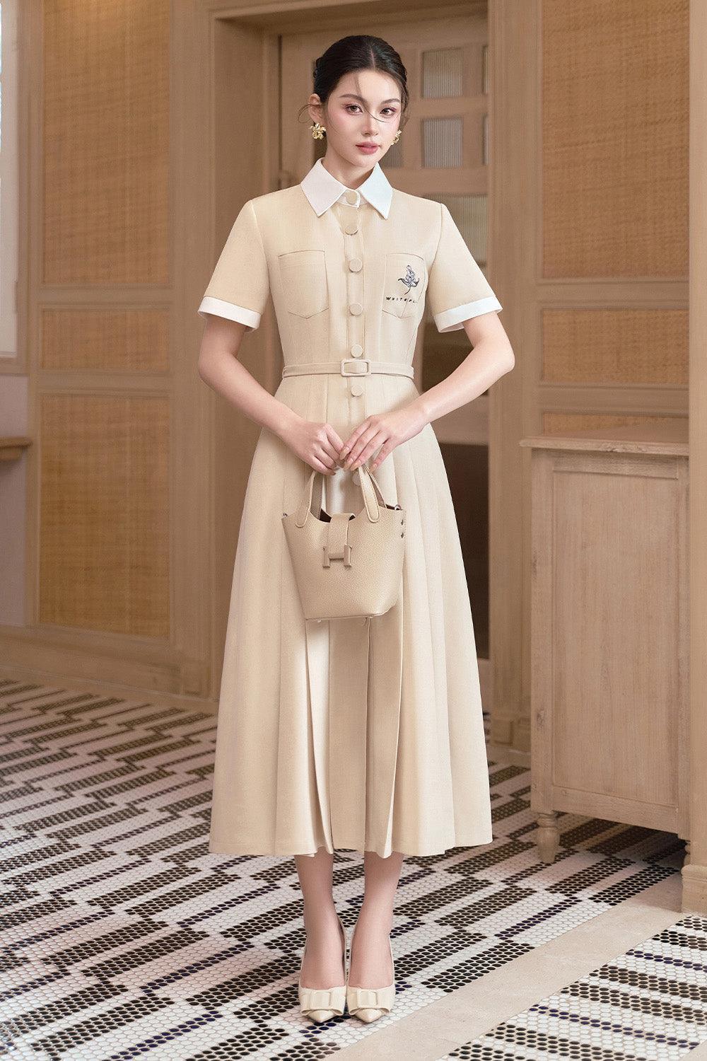 Women's Tovie Pleated Patch Pocket Linen Cotton Ankle Length Dress S/M/L/Customize Beige MEAN BLVD Beige / S