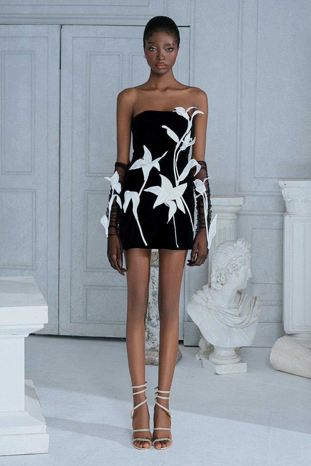 Women's Tulip Flower A-Line Straight Across Neck Velvet Mini Dress S/M/L Black Mean Blvd Black / S Women's Tulip Flower A-Line Straight Across Neck Velvet Mini Dress S/M/L Black Mean Blvd Black / S