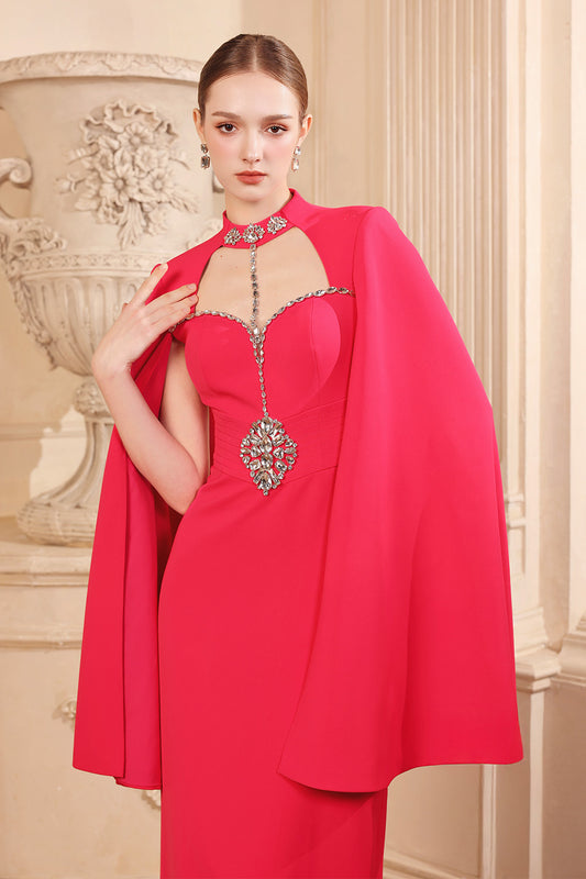 Garnet Sheath Cape Sleeved Twill Floor Length Dress