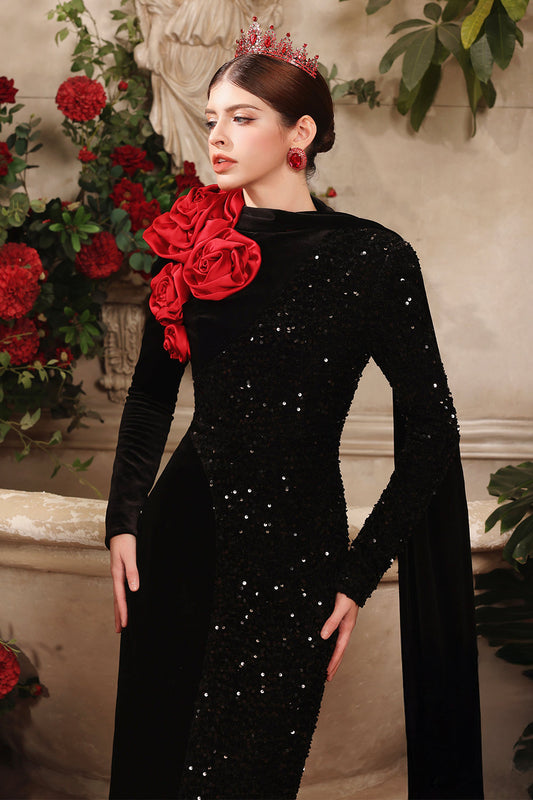 Sparkling Sheath Extended Flap Velvet Ankle Length Dress