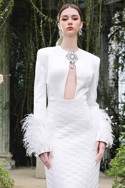 Crystal Sheath Fringed Taffeta Ankle Length Dress