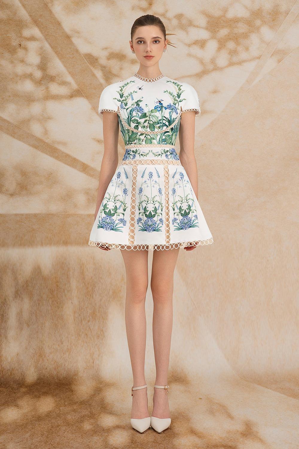 Women's Valentina A-line Short Sleeved Silk Satin Mini Dress S/M/L/Customize White&Green Floral MEAN BLVD, S / White&Green / Floral