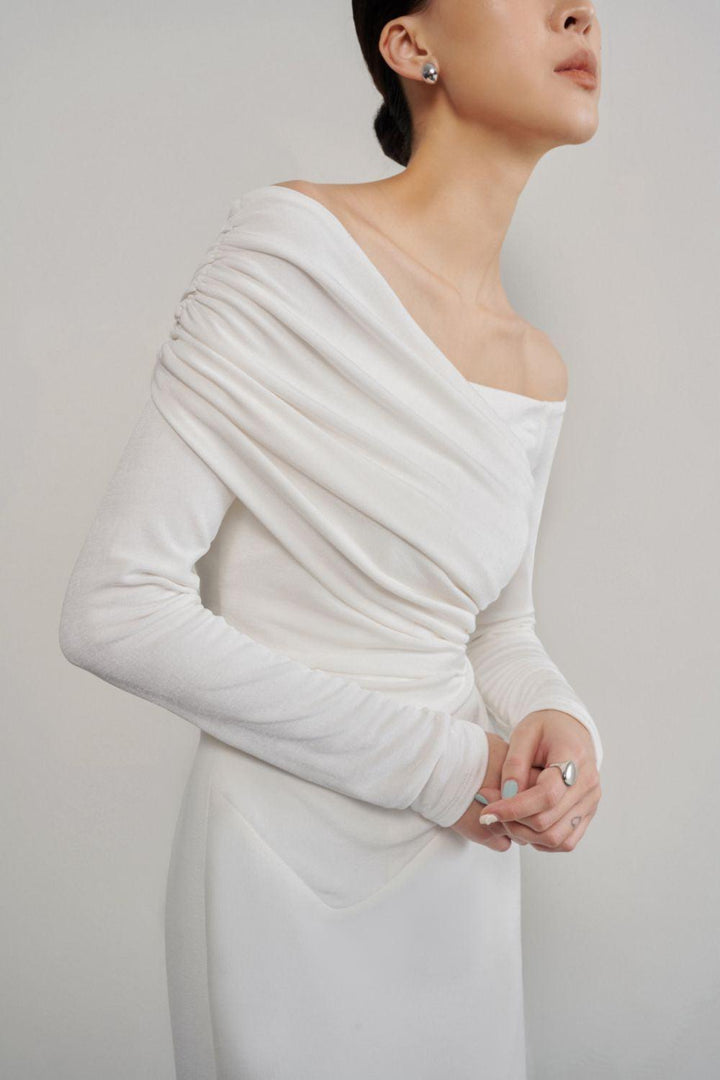 Valerie A-line Off-Shoulder Crinkle Crepe Midi Dress - MEAN BLVD