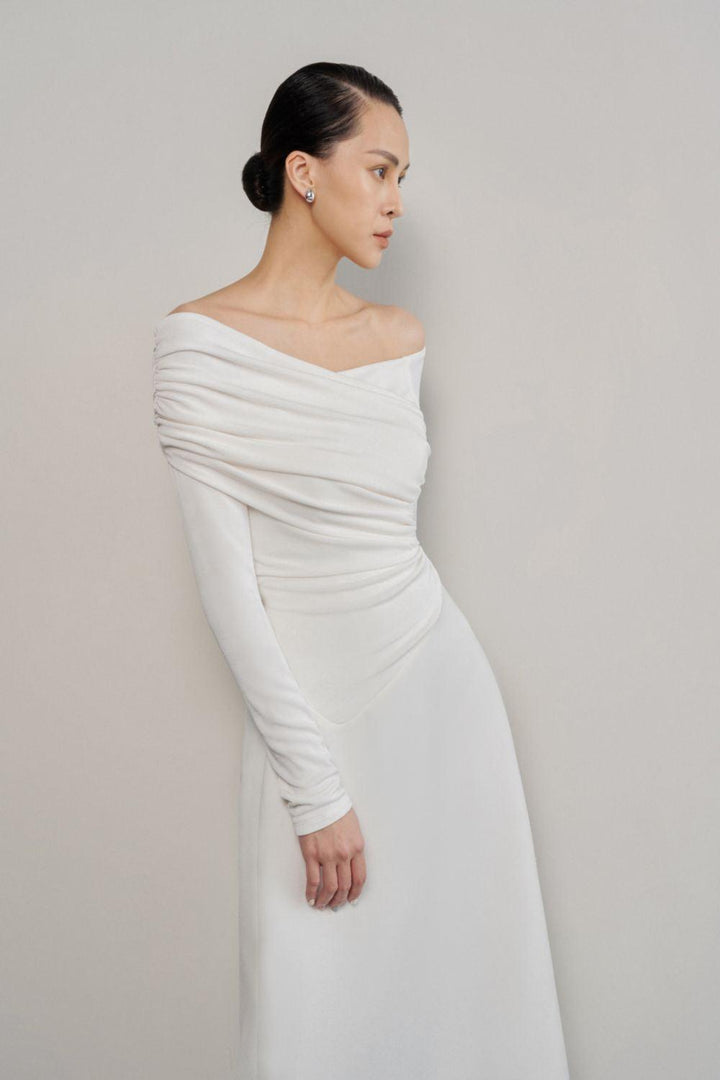 Valerie A-line Off-Shoulder Crinkle Crepe Midi Dress - MEAN BLVD