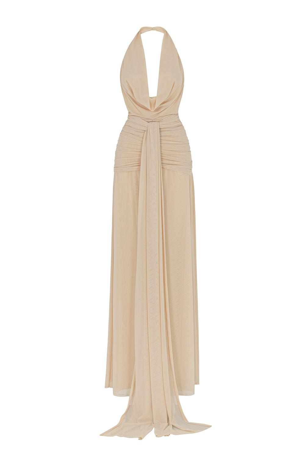 venus mesh dress Venus Sarong Gathered Mesh Floor Length Dress