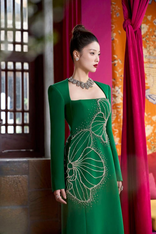 Vivacy A-line Queen Anne Neck Velvet Satin Maxi Dress - MEAN BLVD