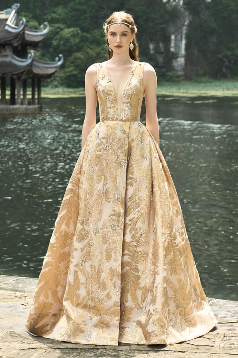 Women's Wanderlust Ball Gown Sleeveless Jacquard Floor Length Dress XS/S/M/L/XL/Gold/MEAN Blvd Customize / Gold