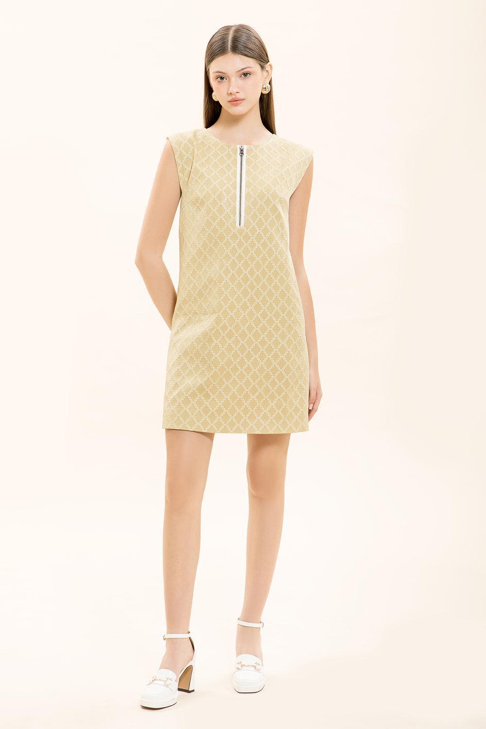 winifred mini dress Women's Winifred Straight Round Neck Brocade Mini Dress XS/S/M/L/Customize Yellow Beige MEAN BLVD Yellow Beige / S